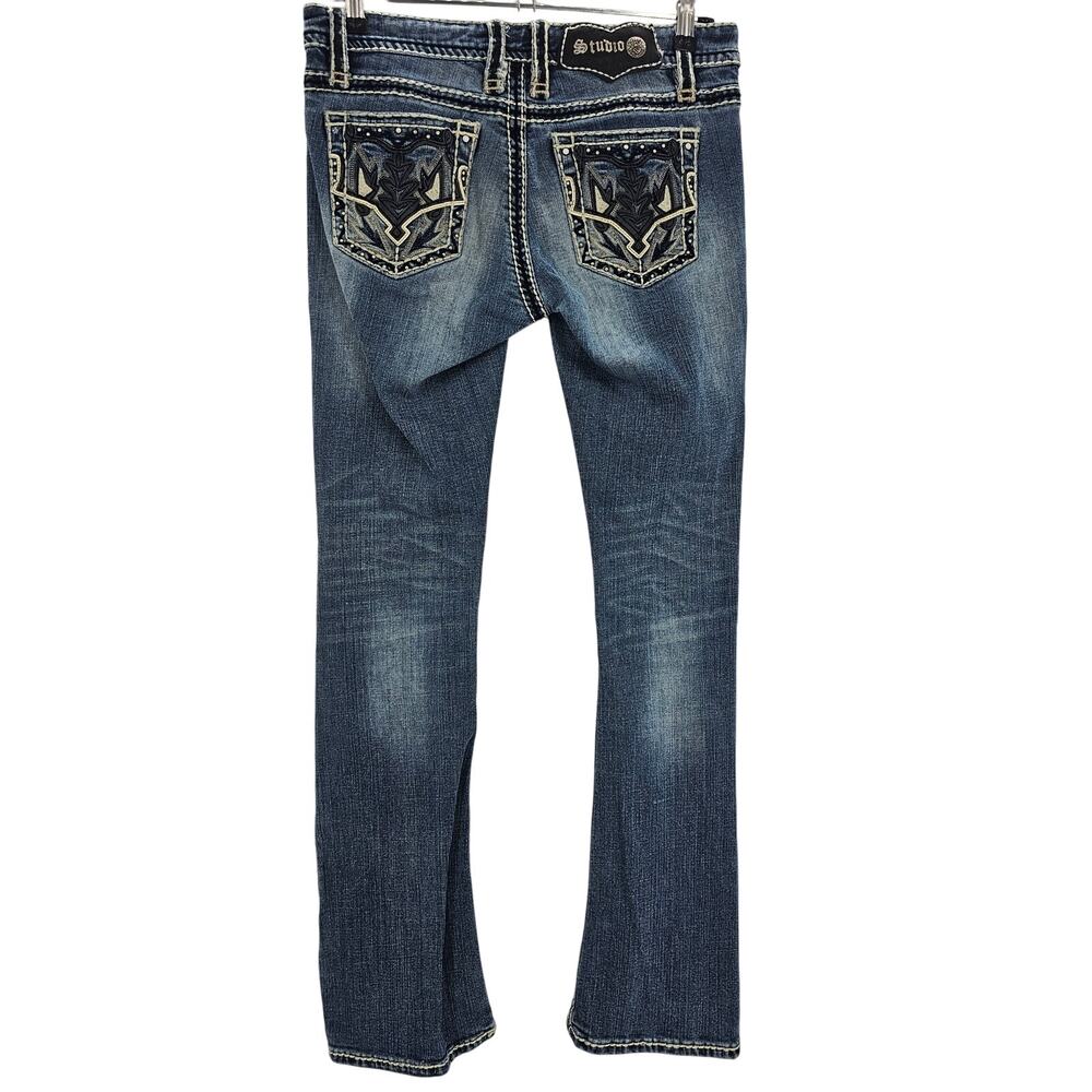 Studio 5 Womans size 27 Distressed Bootcut Denim Blue Jeans Embellished Pockets